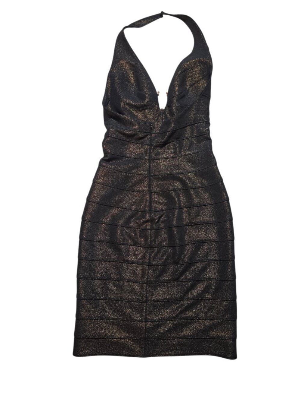 Cache Y2K Metallic Black Gold Bandage Halter Bodycon Dress Size 2